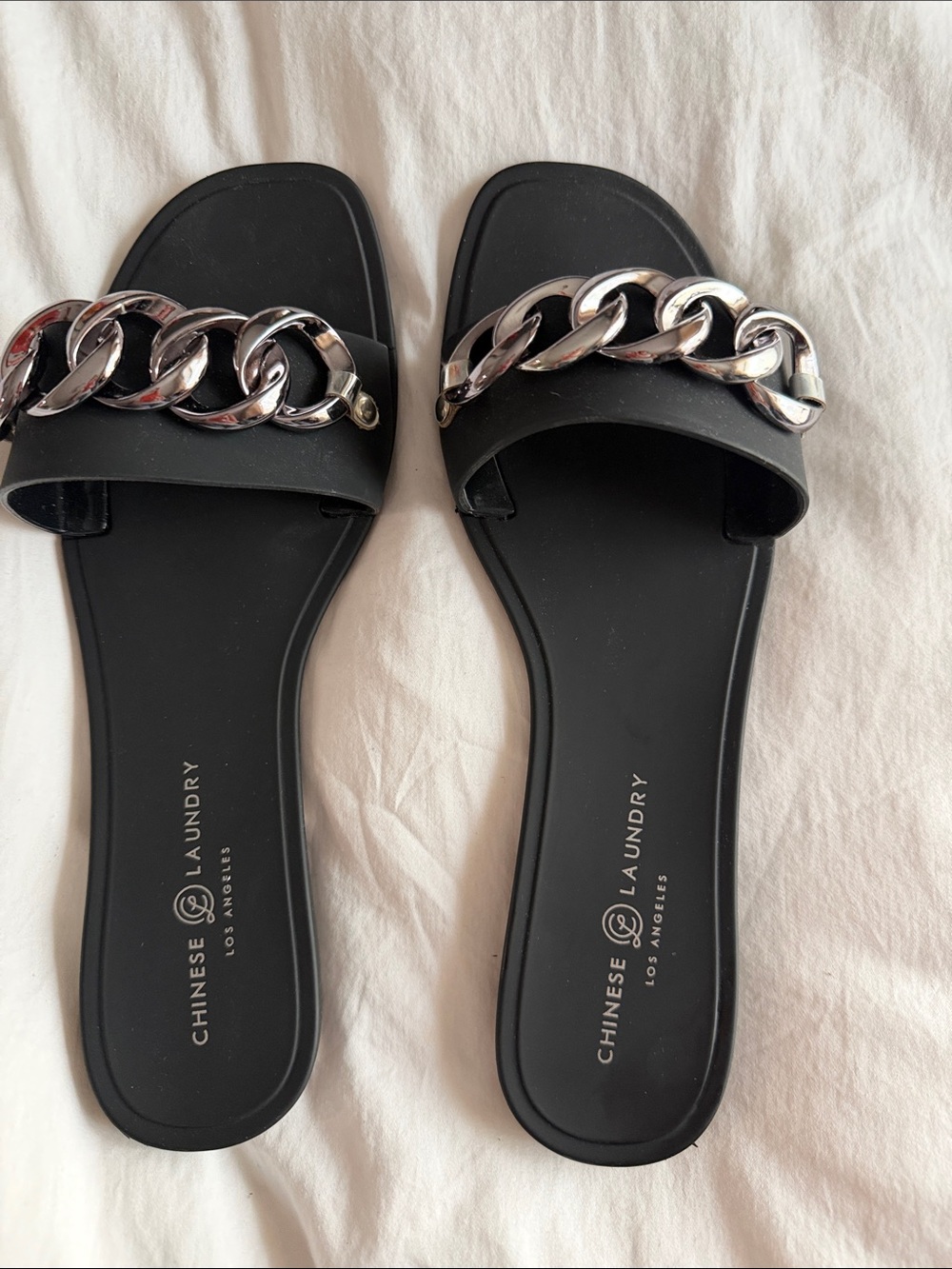 Chinese Laundry Black Slide Sandals with Silver Chain Accent